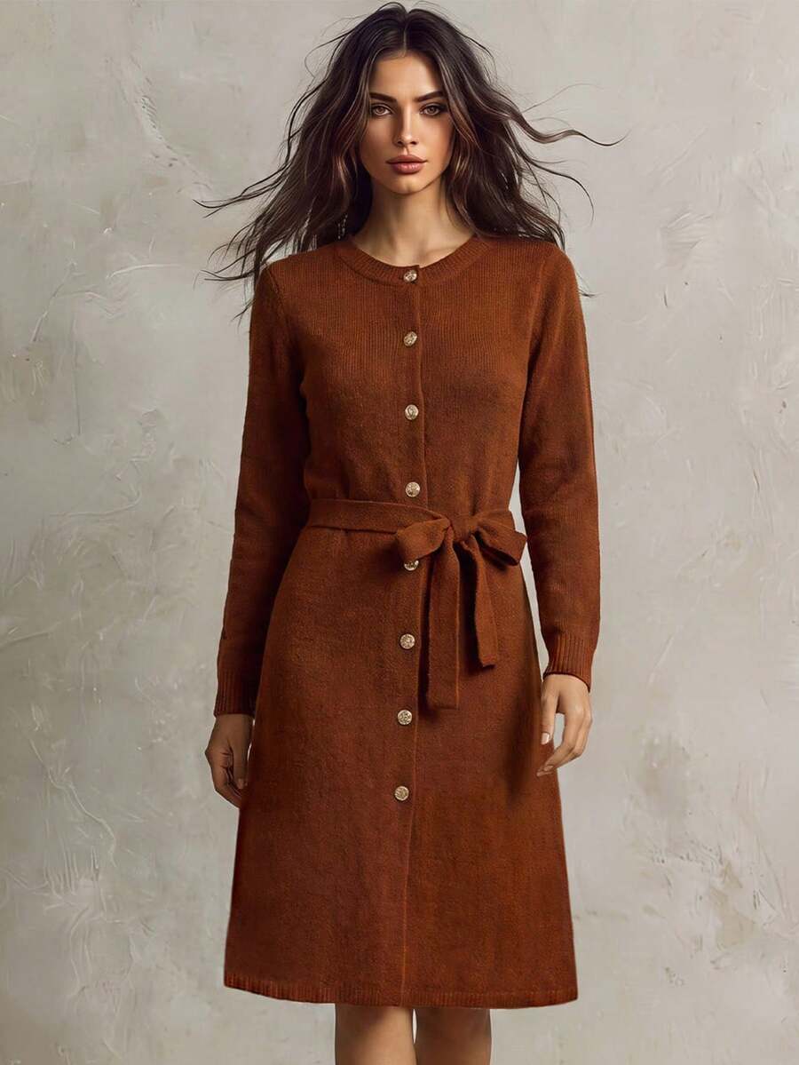 SHEIN Franclia 女士圆领纽扣配腰带长款针织毛衣裙 - 鏽棕色 - 查看 1