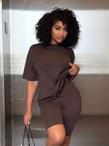 Alexandranx Women's Summer Casual Solid Color Short Sleeve Top And Shorts Set Elegant - Coffee Brown - View 1