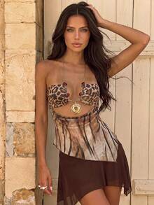 Privoire Leopard Print Patchwork Line Mesh Metal Chain Spaghetti Strap Sexy Tropical Exposed Waist Camisole Crop Top Party Club Night Out Beach Brown - Multicolor - View 6