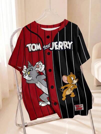 TOM & JERRY X SHEIN Camiseta de manga corta con cuello redondo y estampado de dibujos animados para hombres de talla grande