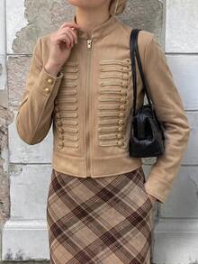 Struktiv 女款春夏純色立領休閒百搭日常旅行長袖外套 - 卡其色 - 查看 4