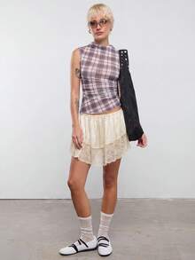 COUREZ Asymmetric Mesh Sheer Check Top Y2K 2000s Streetwear Going Out Day Time Everyday Rave Outfits Summer Grey Plaid Fall Women Back-To-School - Multicolor - View 3