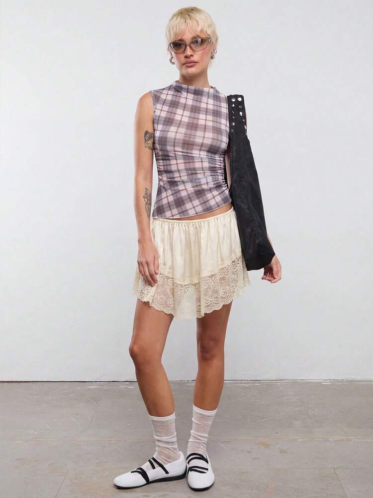 COUREZ Asymmetric Mesh Sheer Check Top Y2K 2000s Streetwear Going Out Day Time Everyday Rave Outfits Summer Grey Plaid Fall Women Back-To-School - Multicolor - View 3