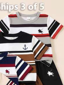Randomly Ships 3 Of 5 Business Elegant Handsome Combination Outfit Set Summer Outing Preferred Minimalist Letter Print Pattern Navy Blue T-Shirt - White - View 6