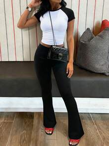 INAWLY Solva 2pcs Women Summer Set: Raglan Sleeve Top And Flare Pants - Black - View 7