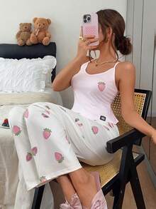 Napfluff Cute Strawberry Print Camisole & Wide Leg Pants Pajama Set For Women - Multicolor - View 3