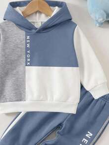 Infant Boys Hooded Casual Comfortable Sweatshirt, Classic Retro Color Block Patchwork Graphic Print, Classic City Name New York Text Graphic Print, Suitable For Autumn/Winter - Multicolor - View 5