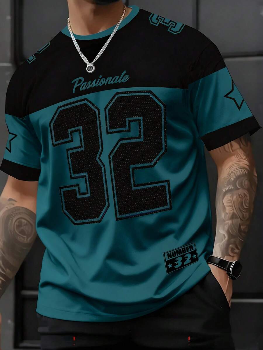 Manfinity LEGND Kaos Pria Kasual Leher Bulat Lengan Pendek dengan Cetakan Angka Pentagram, Jersey Sepak Bola 32 Pria - MultiWarna - View 1