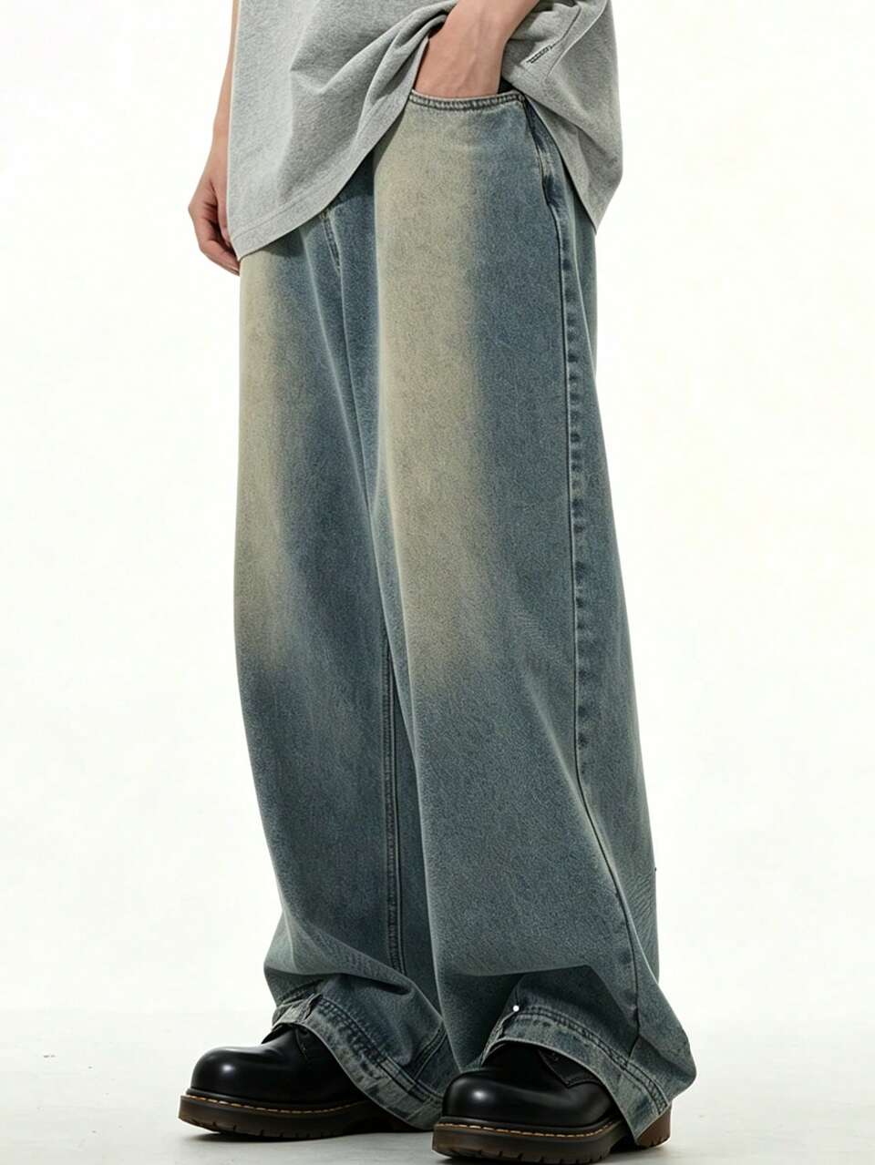 Long Washed Distressed Patchwork Hem Streetwear Style Men's Jeans Fall