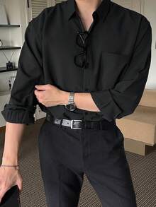 DAZY Men Solid Pocket Patched Long Sleeve Shirt, Fall Business Attire - Black - View 1