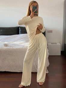 Livesso 夏季舒適純色極簡針織波浪下擺女款居家服套裝 - 米色 - 查看 7