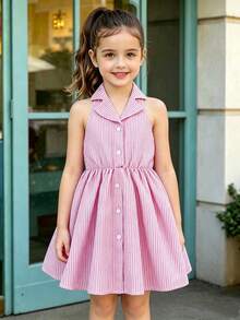 SHEIN Elladie kids 女童夏季新款時尚 Polo 領掛脖露背收腰甜美百搭度假風洋裝，小女孩正式洋裝 - 玫紅色 - 查看 9