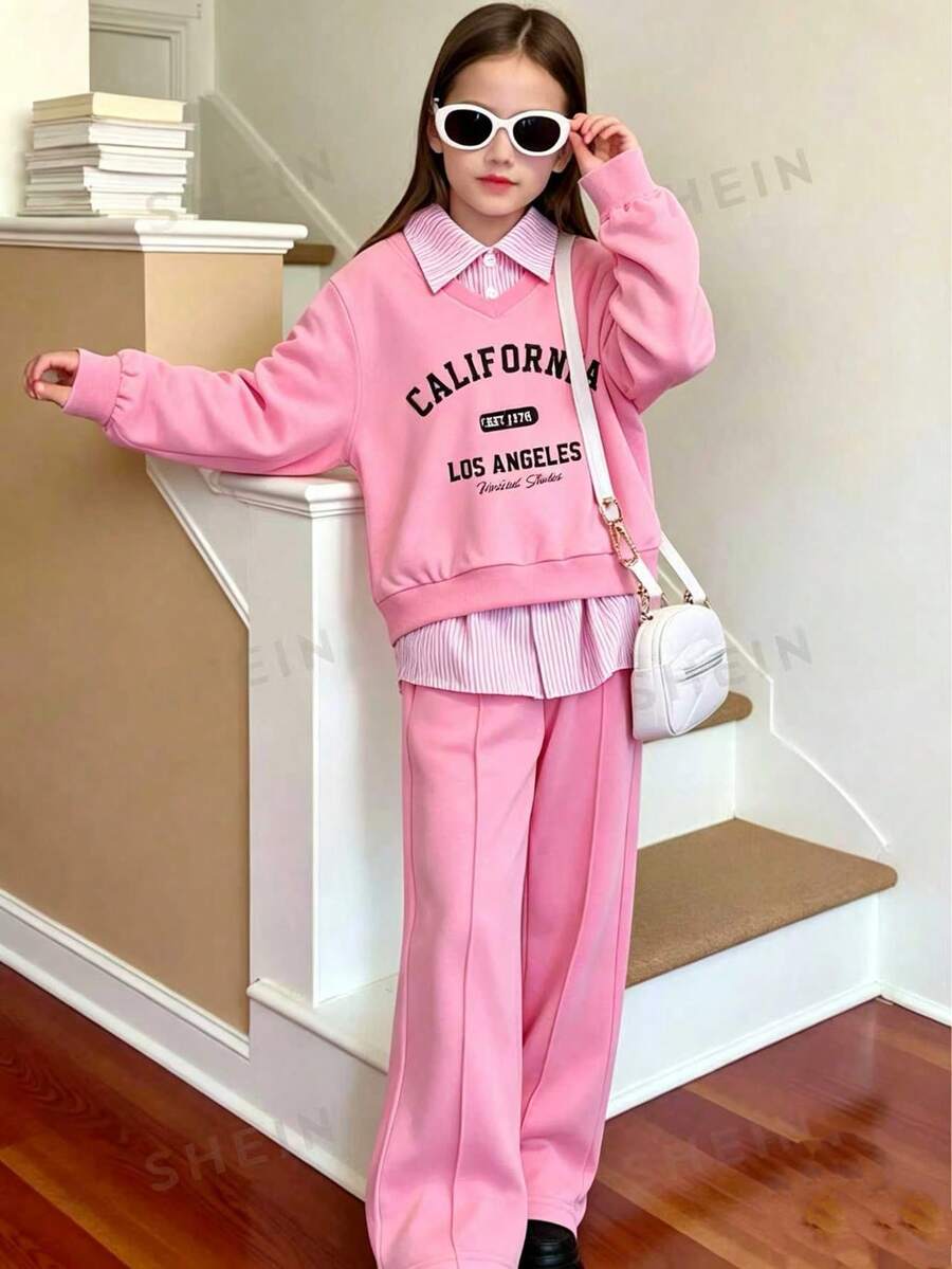 Genkimix Kids 女童 2 件套 春/秋季 CALIFORNIA 圖案印花 桃紅色與淺粉色對比色 翻領長袖運動衫與長褲 校園風 - 粉色 - 查看 1