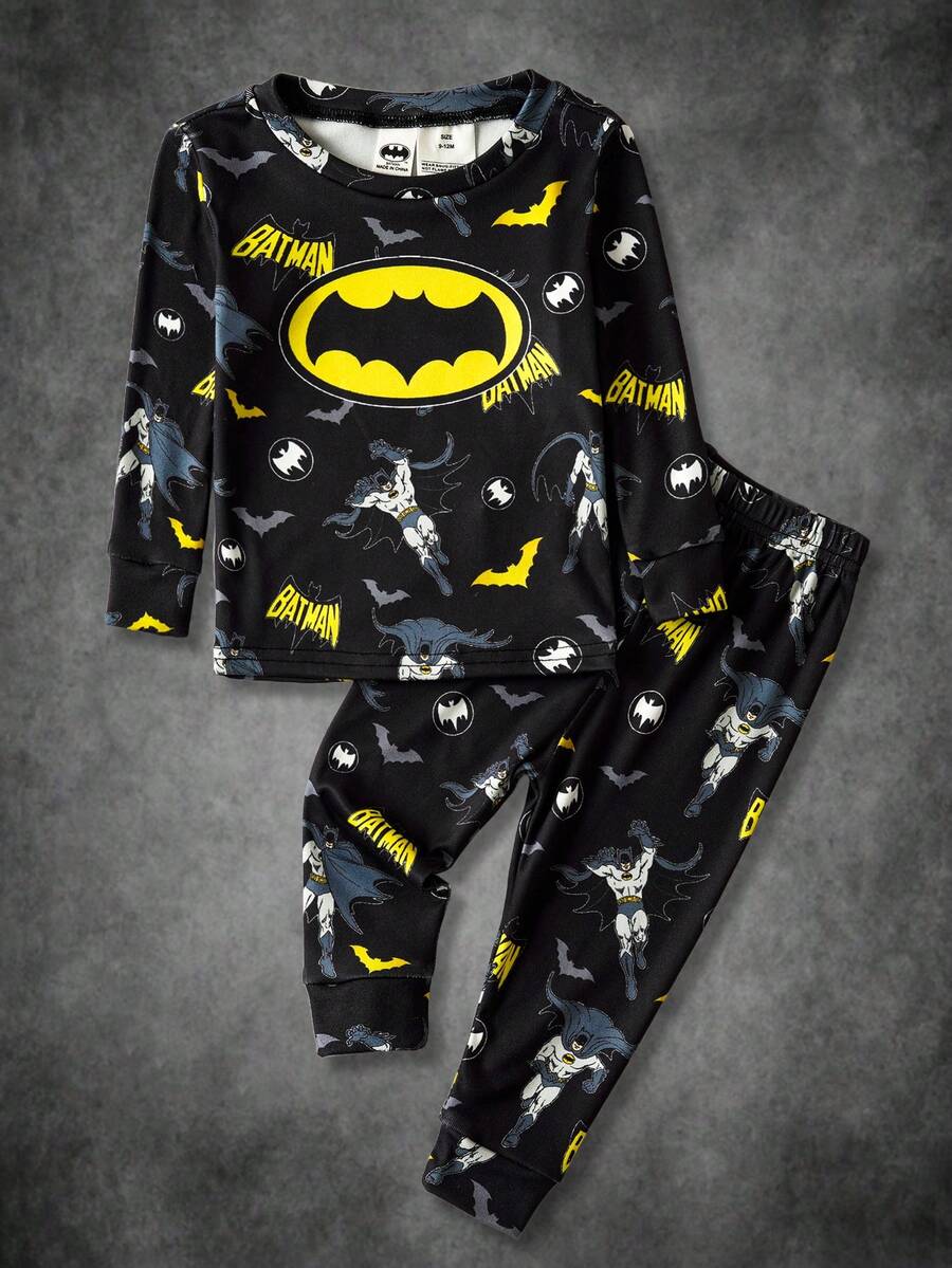 BATMAN X SHEIN 男婴卡通蝙蝠印花针织圆领上衣和裤子紧身睡衣套装 - 黑色 - 查看 1