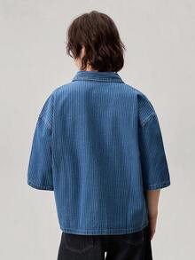 Vaulklash Men's Casual Street Style Striped Embroidered Blue Denim Short Sleeve Shirt - Medium Wash - View 4