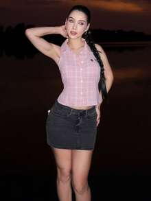 hhfernanda 女款休閒短款牛仔裙 蝴蝶結裝飾 黑色 夏季 - 黑色 - 查看 4
