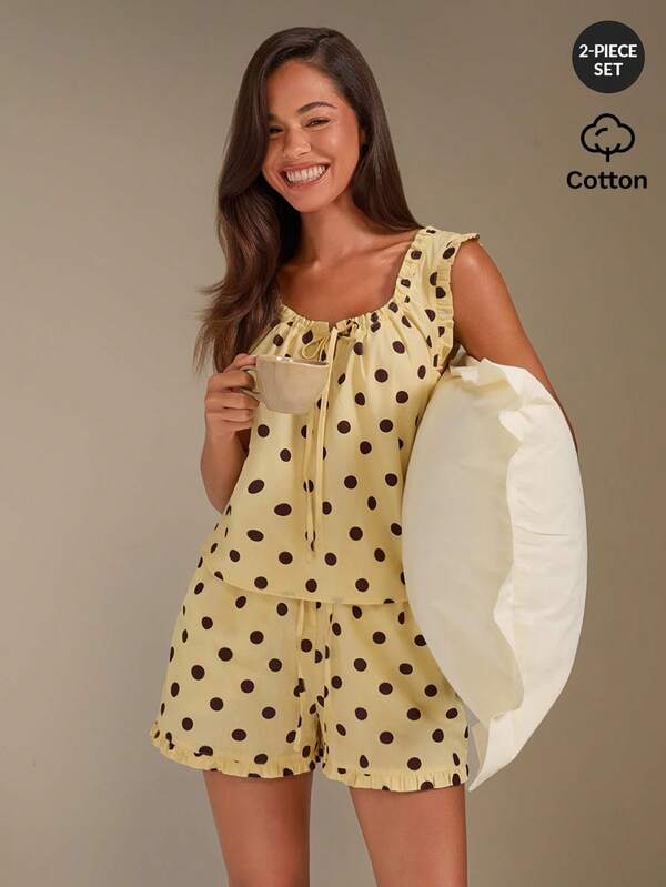 Athîral Women's Casual Wide Shoulder Strap Loose Sleeveless Polka Dot Shorts Printed Pajamas Set, Cute Pajamas Set, Casual Home Comfortable Clothing