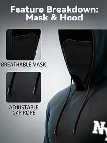 Manfinity Homme Men's Letter Print Built-In Face Mask Drawstring Hooded Long Sleeve Sun Protection Swim Top - Black - View 8
