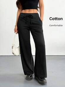 SHEIN PETITE Quần nỉ nữ ống rộng cạp thấp dệt kim trơn thoải mái phong cách thường ngày, dành cho nữ petite - màu đen - Xem 5