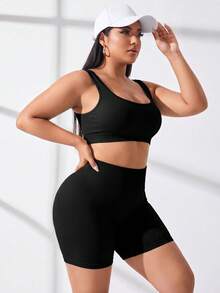 Rhythm Era Plus Size Solid Color Tank Top And Tight Shorts Sports Set - Black - View 4