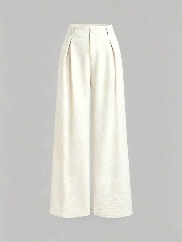 Sweetra Women's New Fashion Versatile Retro Elegant Color Woven Faux Linen Pleated Wide Leg Long Pants