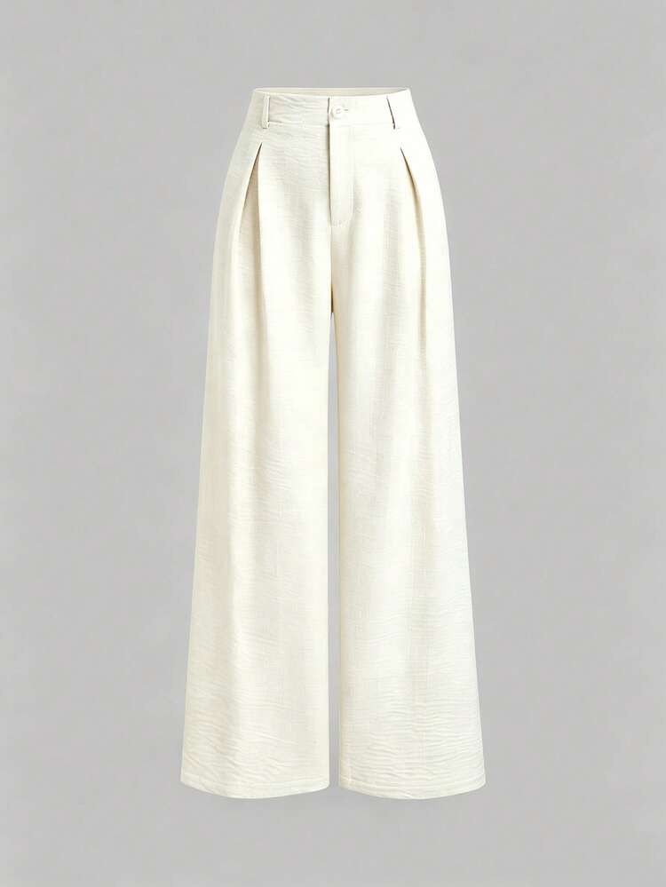Sweetra Women's New Fashion Versatile Retro Elegant Color Woven Faux Linen Pleated Wide Leg Long Pants - White - View 1