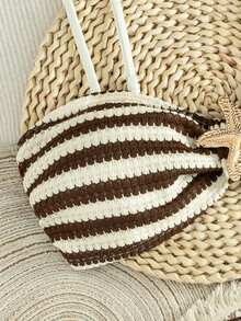 SHEIN Swim Women's Textured Striped Fabric Front Metal Decor 2 Pieces Swimwear Set, Summer Beach Party Vacation Style Swimwear - Multicolor - View 4
