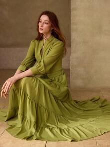 MOTF PREMIUM WOMEN'S LONG DRESS WITH RUFFLE HEM AND BUTTON HALF BUTTON - Green - View 1