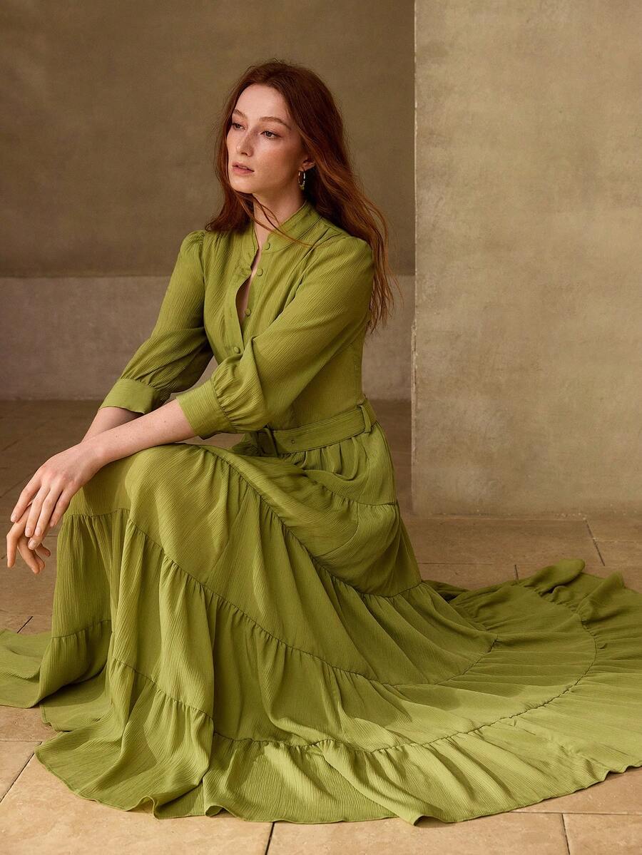 MOTF PREMIUM WOMEN'S LONG DRESS WITH RUFFLE HEM AND BUTTON HALF BUTTON - Green - View 1