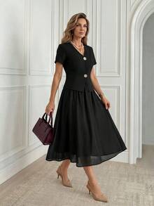 Miaspire Atasan Lengan Pendek Leher V dengan Rok Panjang Modis Berbahan Chiffon - Hitam - View 6