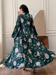 Al Najma 淺綠色花卉印花優雅日常通勤女款長袍 - 墨綠色 - 查看 3