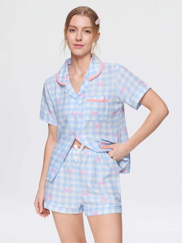 Bonmuse 3pcs Women's Cute & Comfortable Loose Plaid Bow Printed Pajama Set With Pockets, Short Sleeve Top And Shorts/Pants, Suitable For Summer And Autumn