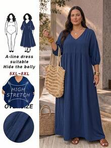 SHEIN CURVE+ 大尺碼 V 領七分袖海軍藍紋理布料長版寬鬆洋裝，2026 冬季 22W - 藏蓝色 - 查看 1