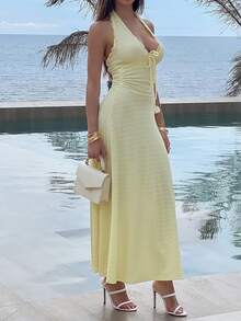 Sindi Myftari Gaun Pesta Musim Panas Seksi Model Halter dengan Hiasan Renda dan Tekstur Kain Bertekstur, Potongan A-Line Berlipit, Warna Kuning, Elegan, Cocok untuk Pesta. - Kuning - View 5