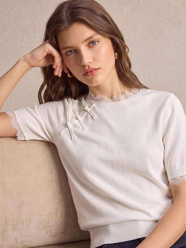 BizChic White Women's Knitted Top, New Chinese Style Frog Button Lace Patchwork, Autumn French Elegant Sexy Office Business Formal Wear, Holiday Urban Casual Street Style, 90s Old Money Style, Church Special Occasion, Birthday, Halloween, Back To School, Party, Vacation, Beach, Concert, Minimalist Outfit, Airport Look