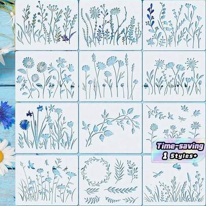 12 Stück Blumen-Schablonen zum Malen, wiederverwendbare Schablonen für Basteln, DIY Kunstmalerei-Vorlagen für Möbel, Holzboden, Wand, Wildblumen-Schablonen zum Malen, Vorlage Blumen-Schablonen, Wand-Schablonen, wiederverwendbare Frühlings-Schablonen, PET DIY Zeichenvorlagen