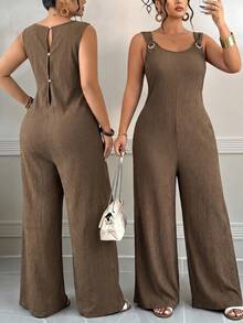 Weeklong Jumpsuit Rajut Tanpa Lengan Polos Wanita Ukuran Plus Musim Semi/Panas 2026, Rompi Santai Kasual dengan Tali O-Ring dan Kaki Lebar untuk Pakaian Sehari-hari & di Rumah - Coffee Brown - View 7