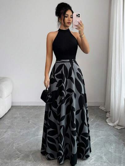Elenzga Vestido Feminino Primavera/Verão Vintage Luxo Trabalho Férias Estampa de Folha Preta Patchwork Decote Halter Listras Verticais Sem Mangas Ombro Frio Cintura Ajustada Evasê Drapeado