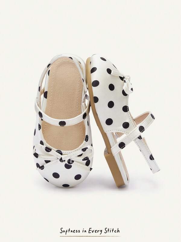 Cozy Pixies Zapatos planos para bebé niña, estilo casual versátil y pastoral, con lazo, lunares negros y blancos, elegantes, divertidos y lindos, para fiesta, primavera y otoño