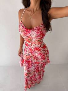 Sirith Women's Cross Strap Cowl Neck Ruffle Vintage Floral Print Cinched Waist Mesh High Elastic Ruffle Vacation Elegant Date Party Pink Dress - Pink - View 4
