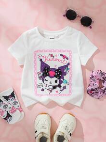 HELLO KITTY AND FRIENDS | SHEIN 女嬰圓領字母卡通印花休閒日常短袖上衣 - 白色 - 查看 1