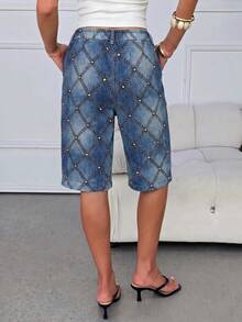 Lavishia Denim Effect Print Pocket Mid-Length Pants, Suitable For Daily Wear - Multicolor - View 2