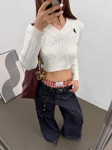 K-Vae Damen Ritter Stickerei Langarm Crop Fashion Pullover - Weiss - Übersicht 7