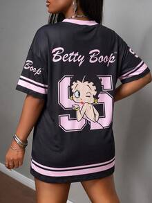 Slaydiva Betty Boop x SHEIN 大尺碼 Betty 聯名球衣休閒 Anti Social 連身裙，印花 T-shirt，街頭風 Y2K，適合晚宴、海灘度假，黑色夏季款 - 彩色 - 查看 2