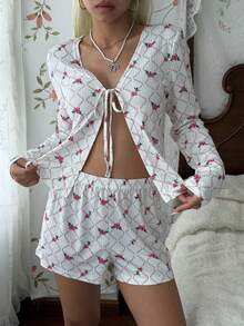 CottageSlumber Conjunto de Pijama Feminino com Cardigan de Tricô Xadrez Floral Miúdo com Amarração na Frente, Manga Longa e Shorts - Multicolorido - Visão 5