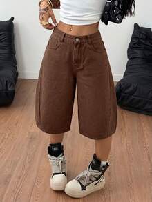 Coolane Women's Casual Coffee Brown Panel Seam Baggy Mid Calf Shorts Elastic Back Waist Wide Leg Streetwear Capri Pants Summer Halloween Y2K Day Drinking - Brown - View 7