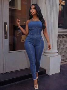 BriallanyX BriallanyX Bộ áo liền quần denim ôm vừa vặn hở lưng gợi cảm mùa hè - Rửa tối - Xem 2