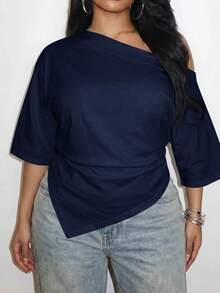 Slaydiva Spring/Summer Women's Plus Size Asymmetric Shoulder Ruched Hem T-Shirt, Graduation Season Beach - Navy Blue - View 1