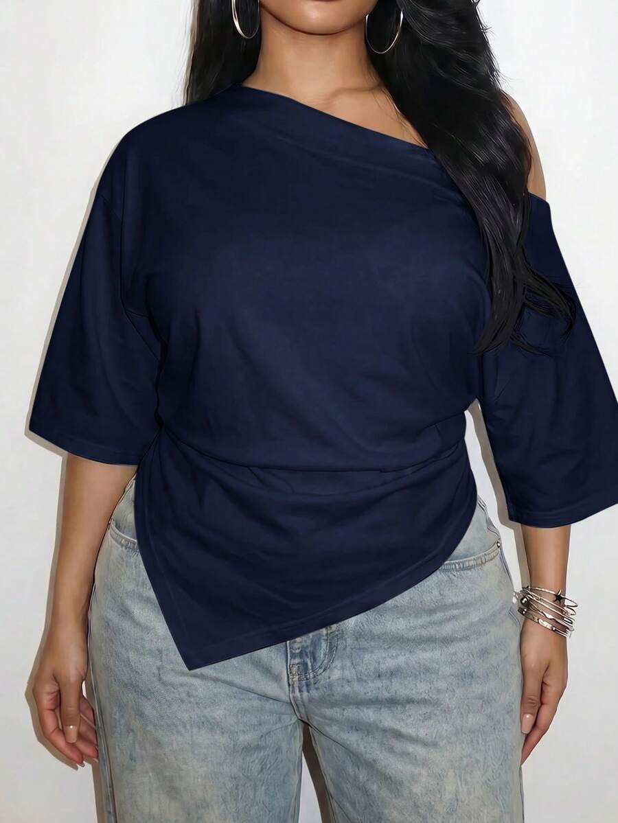 Slaydiva Spring/Summer Women's Plus Size Asymmetric Shoulder Ruched Hem T-Shirt, Graduation Season Beach - Navy Blue - View 1