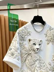 Resyla 豹紋印花女款夏季上衣 T-shirt，時尚優雅簡約風，白色動物圖案，適合姐妹、媽媽禮物，休閒日常派對穿搭 - 白色 - 查看 4